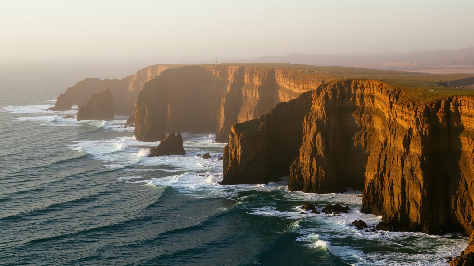 Ocean cliffs meeting the Atlantic at golden hour